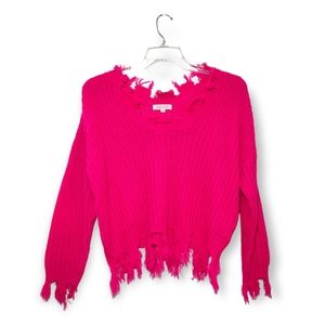 Sweet Generis Frayed Distressed V-neck Sweater Hot Pink Small